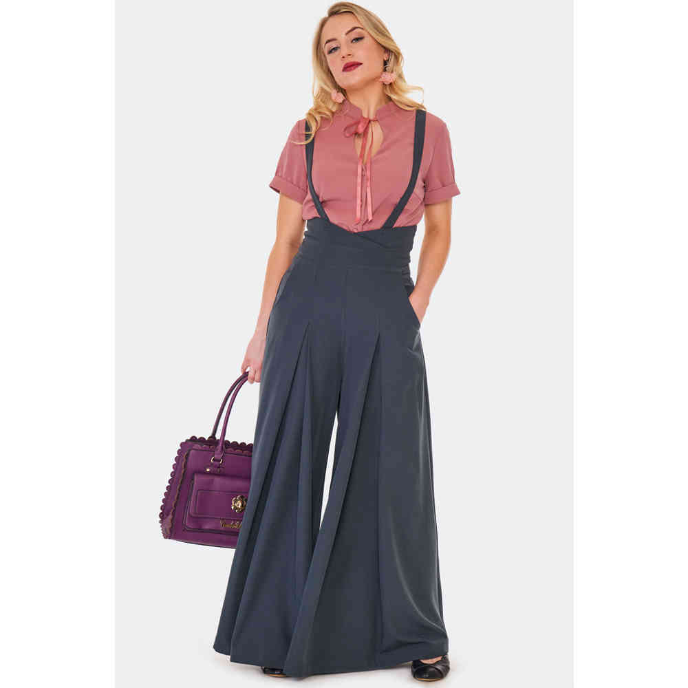 Voodoo Vixen - Grey Suspender Wide leg trousers - Grey